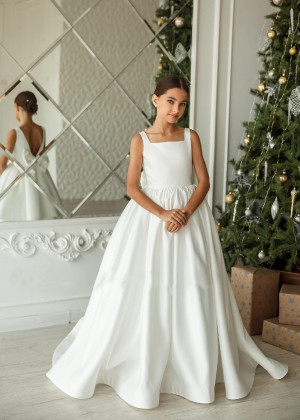 Square Neck Ivory Satin Flower Girl Dress